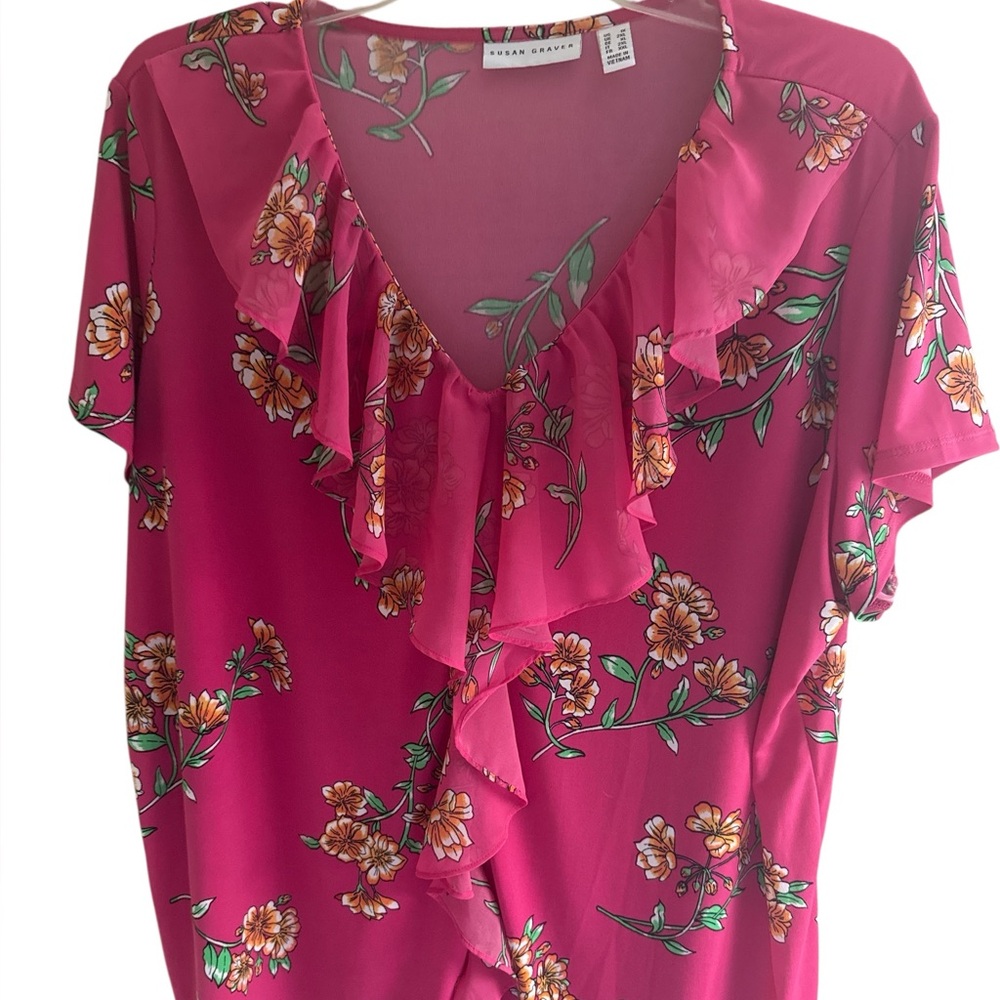 Susan Graver Floral Pink Ruffle Blouse Size‎ 1X